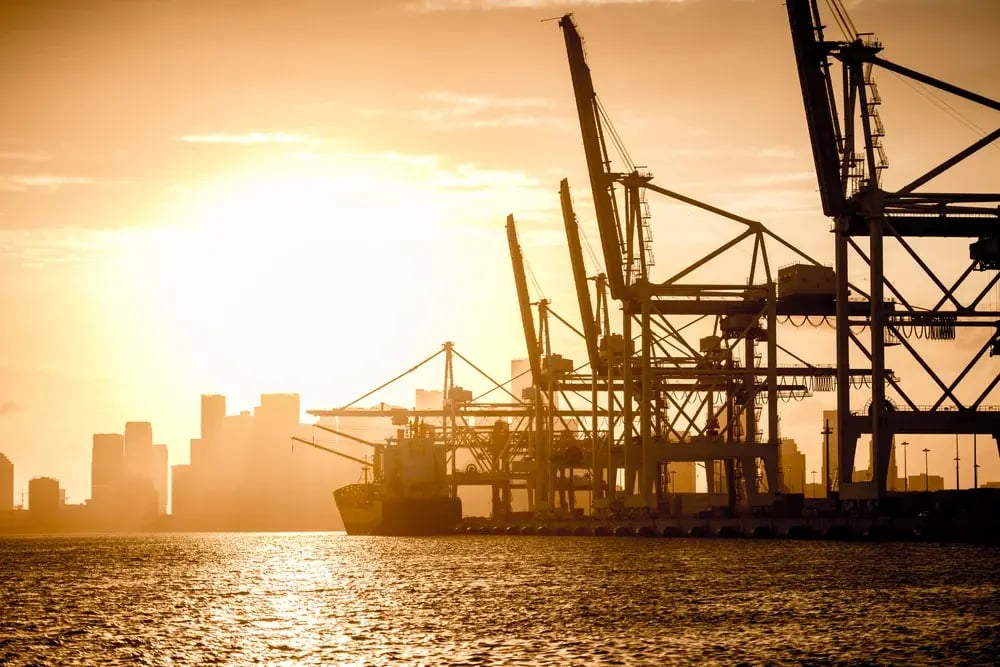 Boats in the port of Miami at sunset