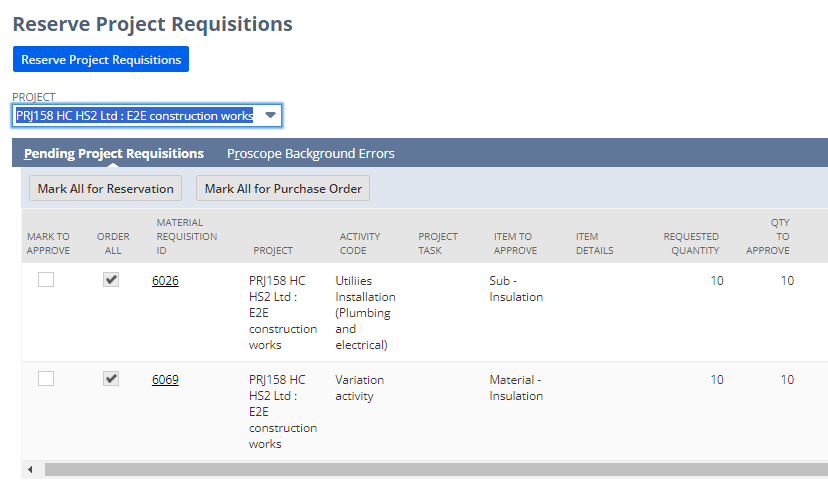 Porject Requsitions Reservations