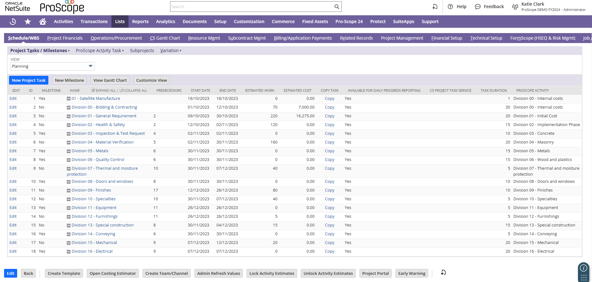 Proscope WBS - Project Tasks Screen - white background screen with a list of tasks, including task title due dates, value and internal classification categories.